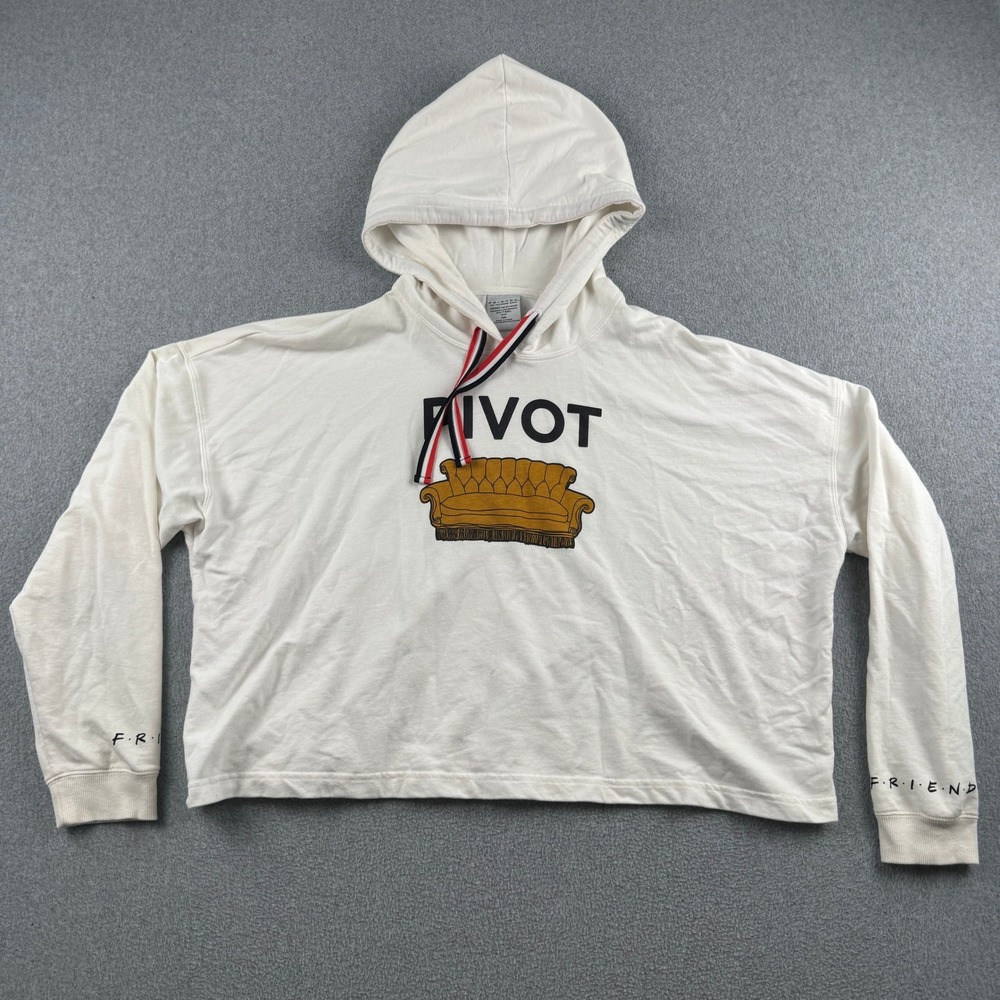 Friends Hoodie Womens XXL White Pivot Couch Graphic Cropped Pullover Sweatshirt